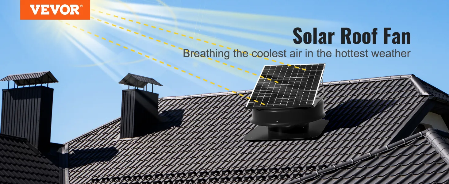 VEVOR solar attic fan installed on a tiled roof under sunlight with chimneys in the background.
