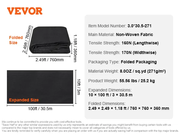 VEVOR geotextile fabric details: non-woven, folded size 2.49x2.49 ft, expanded 10x100 ft, 8.0oz/sq.yd.