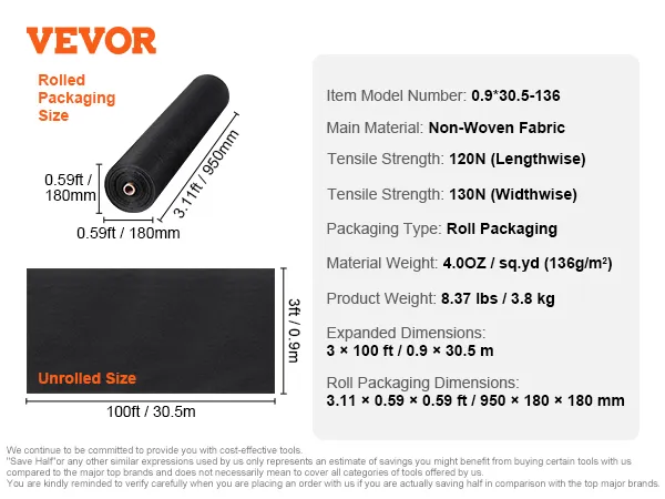 VEVOR driveway fabric with 100ft length, 3ft width, tensile strength 120n/130n, and 0.59ft roll diameter.