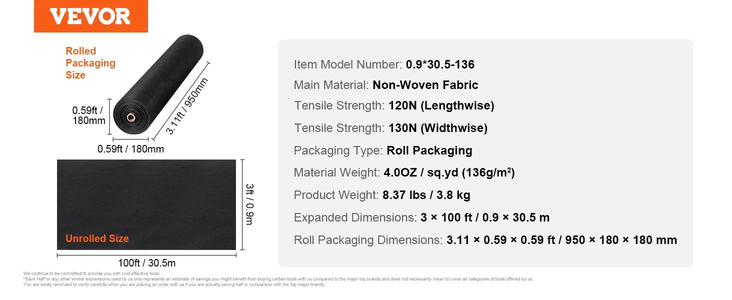 VEVOR driveway fabric with 100ft length, 3ft width, tensile strength 120n/130n, and 0.59ft roll diameter.