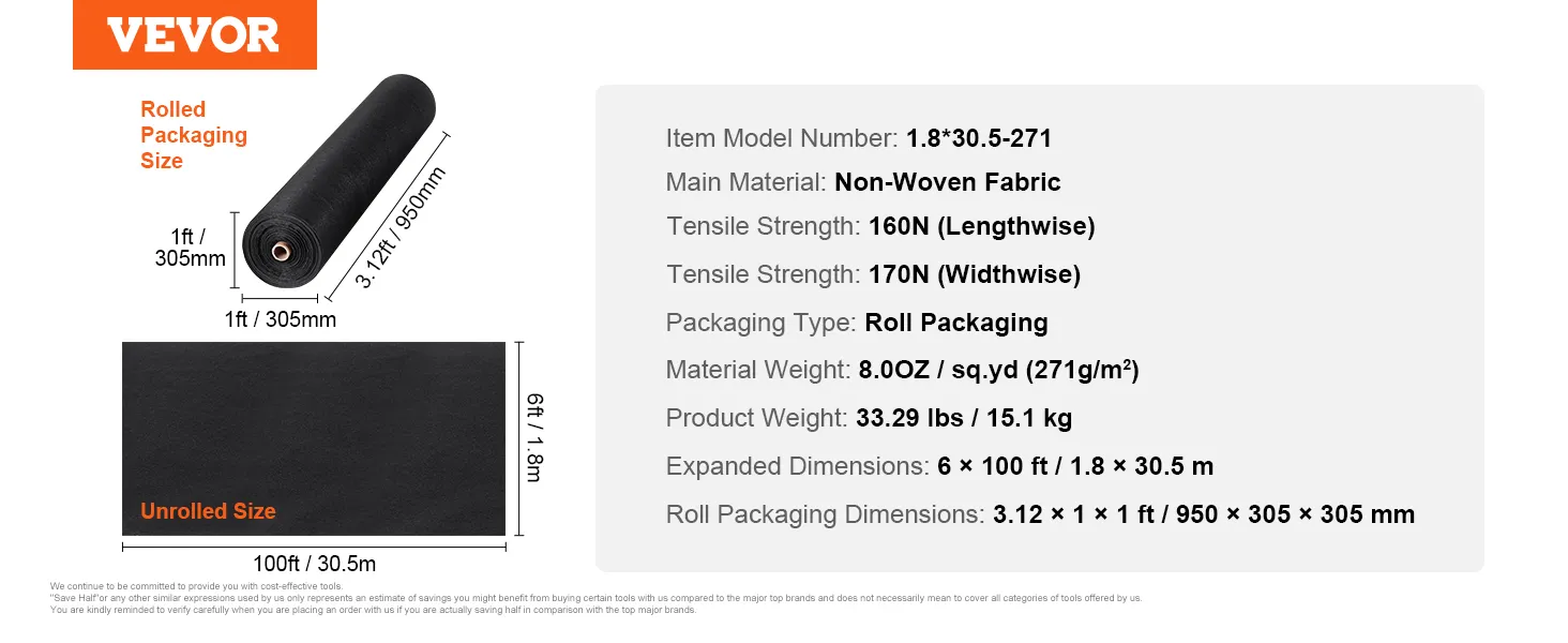 VEVOR geotextile fabric roll, non-woven, 6 ft x 100 ft, tensile strength 160n lengthwise, 170n widthwise.