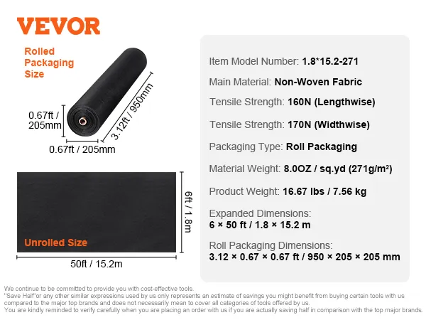 VEVOR geotextile fabric with roll packaging size 0.67ft x 3.12ft, unrolled size 6ft x 50ft.