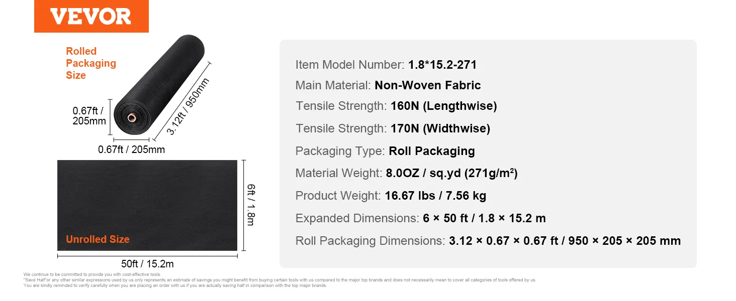 VEVOR geotextile fabric with roll packaging size 0.67ft x 3.12ft, unrolled size 6ft x 50ft.