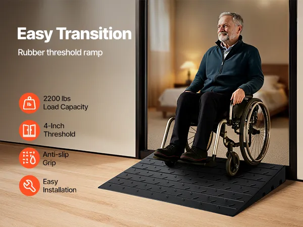 VEVOR rubber threshold ramp in front of a door with a plant and product specs.