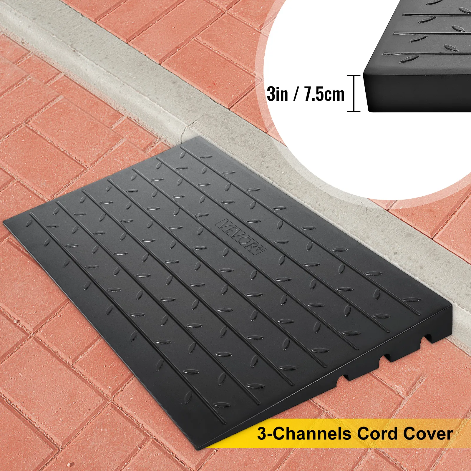 VEVOR rubber threshold ramp with 3-channels cord cover, 3in (7.5cm) height on brick surface