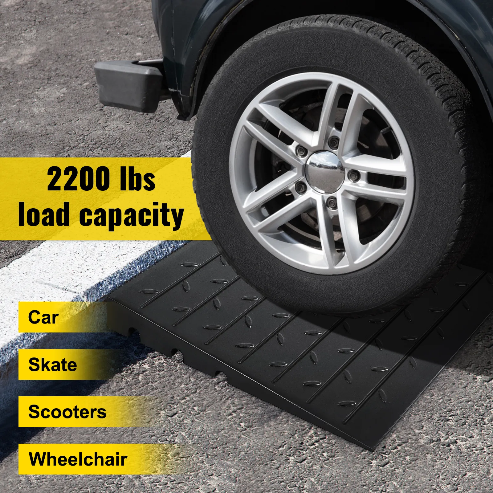 VEVOR rubber threshold ramp supporting a vehicle tire with 2200 lbs load capacity.