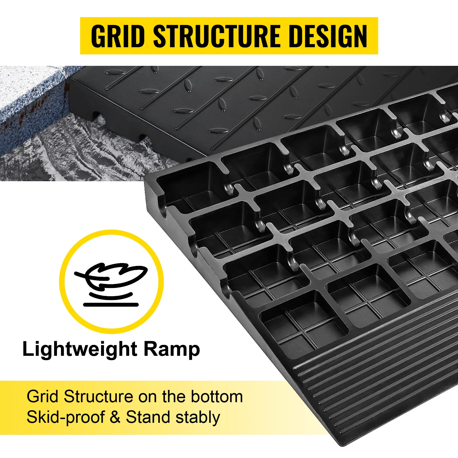VEVOR rubber threshold ramp with grid structure, lightweight and skid-proof design.