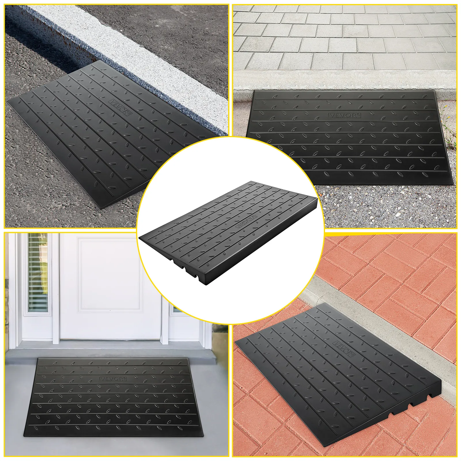 VEVOR rubber threshold ramp in various locations - pavement, doorways, and driveways.