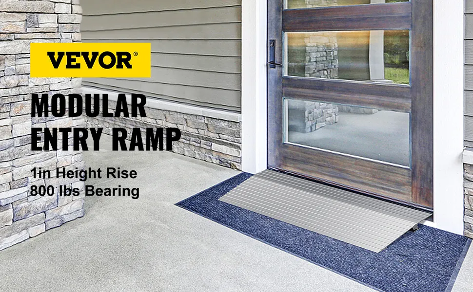 VEVOR threshold ramp at a front door with 1in height rise and 800 lbs bearing capacity.