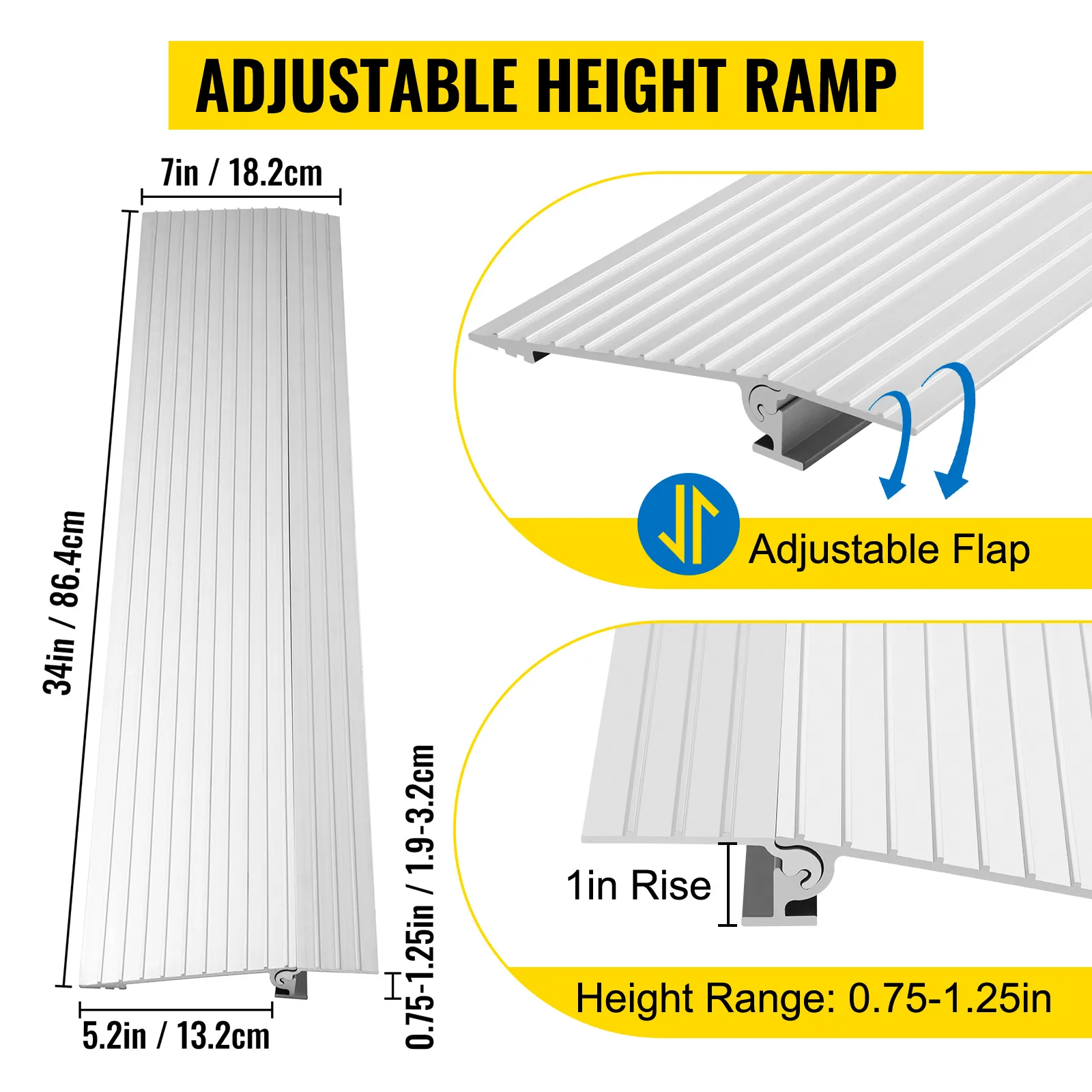 adjustable height VEVOR threshold ramp with a flap and height range of 0.75-1.25in.