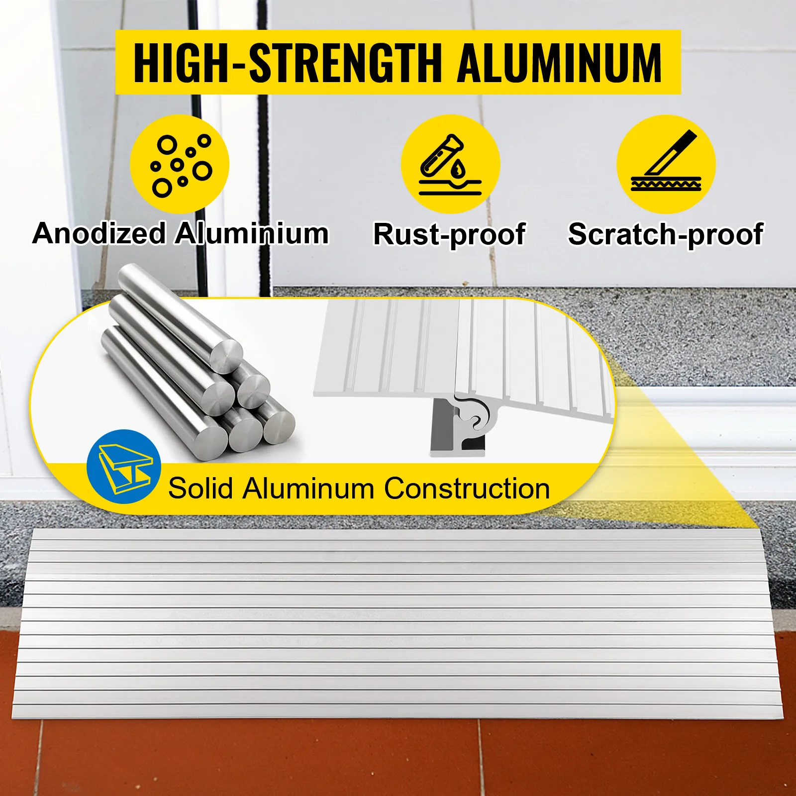 VEVOR threshold ramp showcasing high-strength aluminum, rust-proof, scratch-proof.