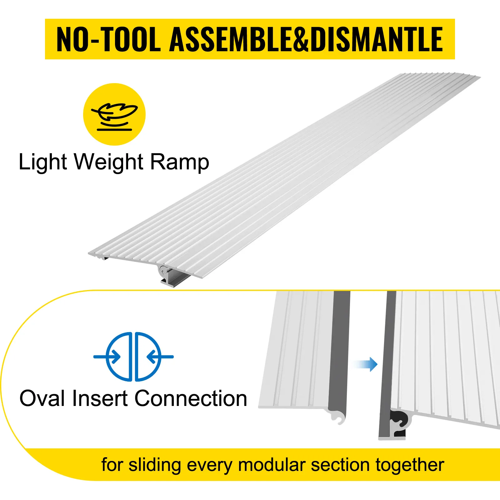 VEVOR threshold ramp with no-tool assembly and lightweight, oval insert connection.