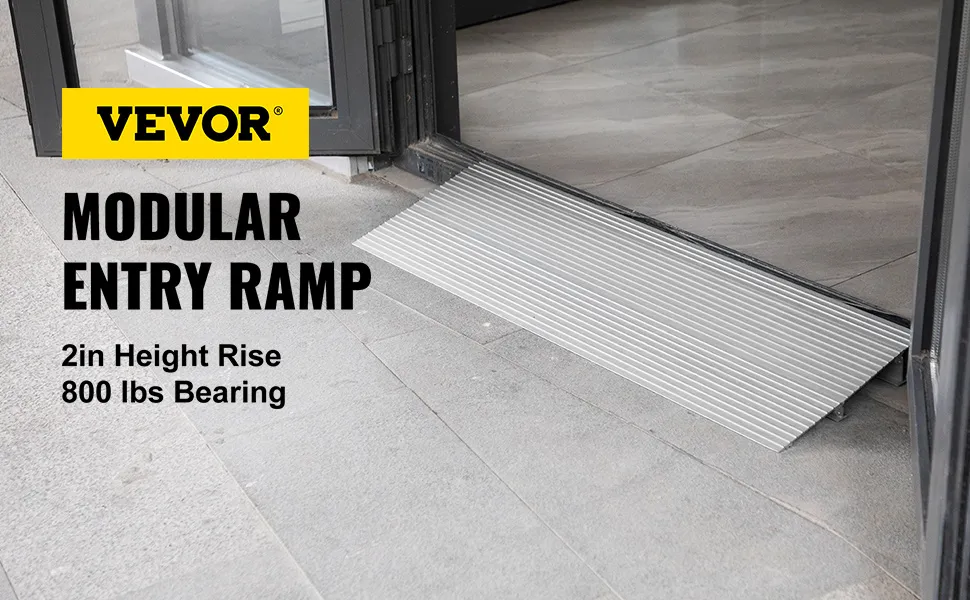 VEVOR transitions modular entry ramp at doorway, 2in rise, 800 lbs bearing capacity.