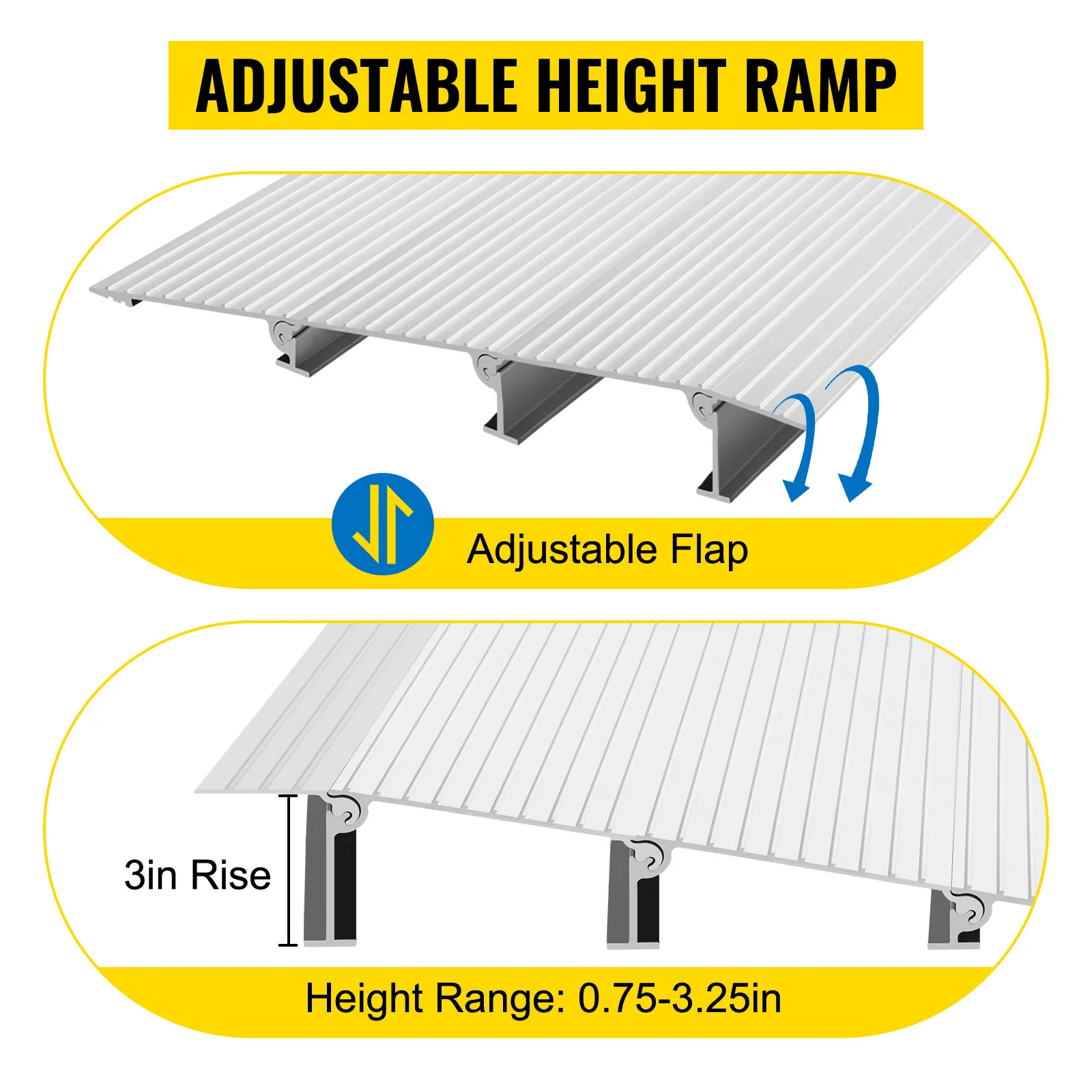 VEVOR entry ramp with adjustable height and flap, 3in rise, 0.75-3.25in range.