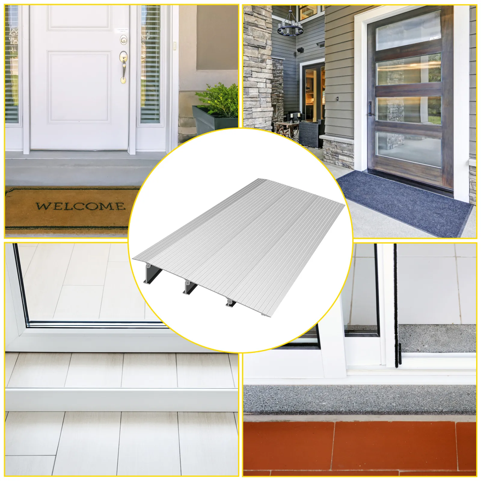 VEVOR entry ramp shown in various door installations for enhanced accessibility.