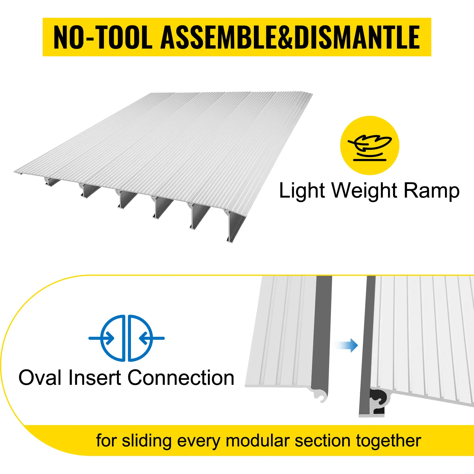 Rampa de umbral VEVOR con montaje sin herramientas, diseño liviano y conexión de inserto ovalado.