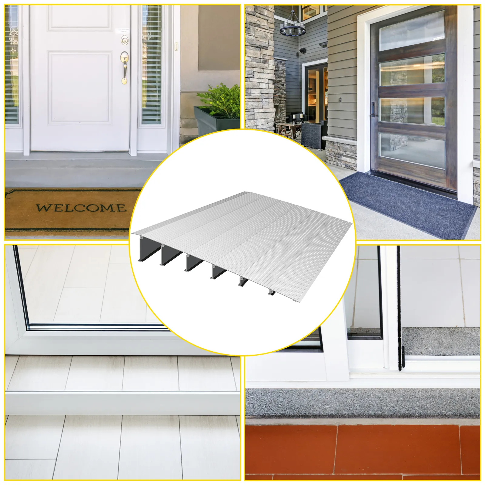 Rampa de umbral VEVOR en uso en varias puertas, mejorando la accesibilidad.