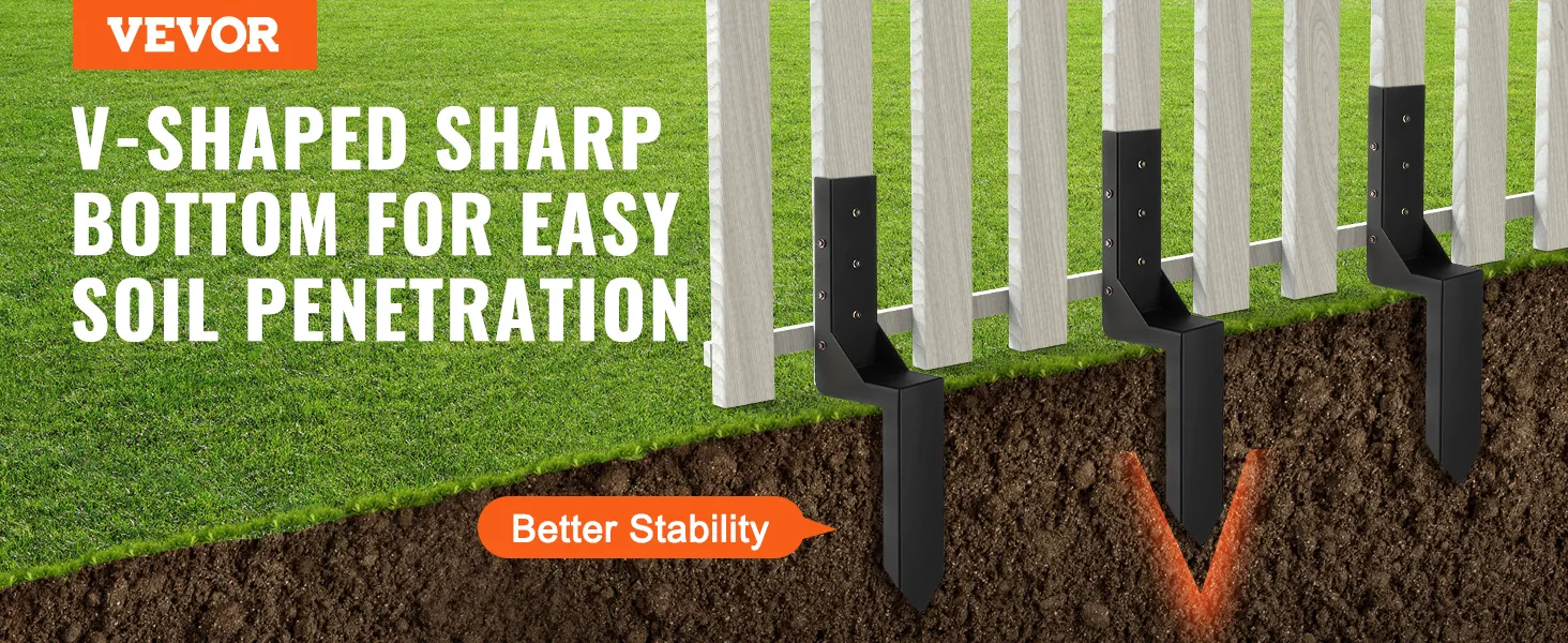 VEVOR fence post anchor kit with v-shaped sharp bottom for easy soil penetration and better stability.