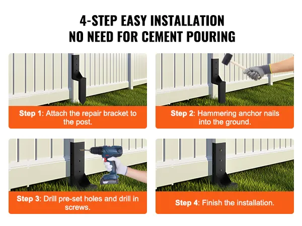 4-step VEVOR fence post anchor repair kit installation process, no cement needed. easy and secure.