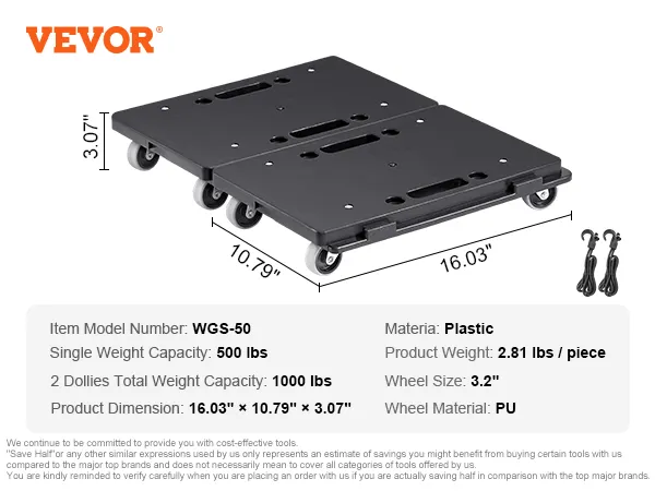 VEVOR furniture dolly with 500 lbs capacity, plastic material, and 3.2" pu wheels. model wgs-50.