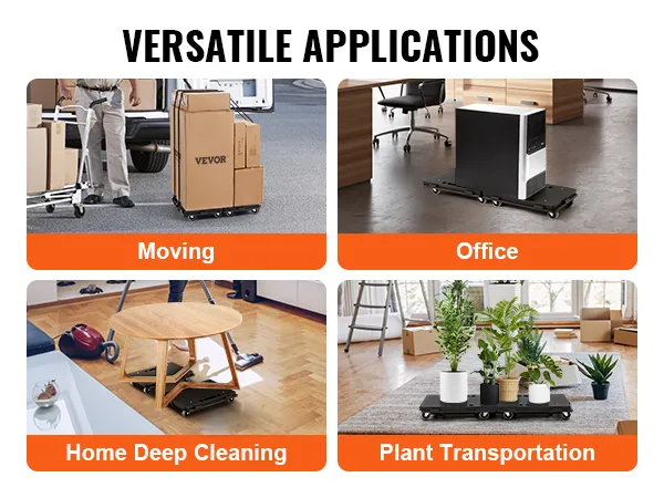 VEVOR furniture dolly used for moving, office equipment, home deep cleaning, and plant transportation.