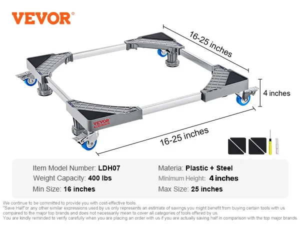 VEVOR mini fridge stand, ldh07 model, 400 lbs capacity, adjustable size 16-27 inches, blue wheels.