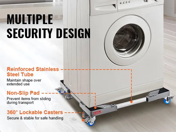 VEVOR mini fridge stand with stainless steel tubes, non-slip pad, and lockable casters for security.