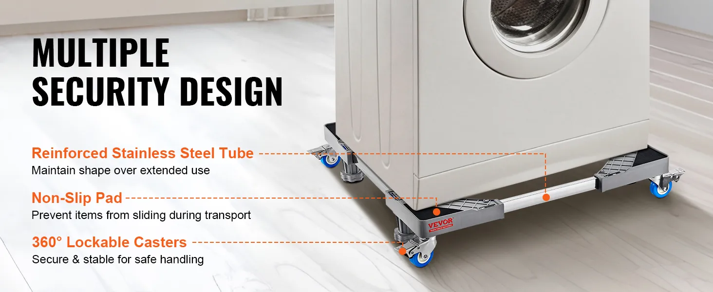 VEVOR mini fridge stand with stainless steel tubes, non-slip pad, and lockable casters for security.