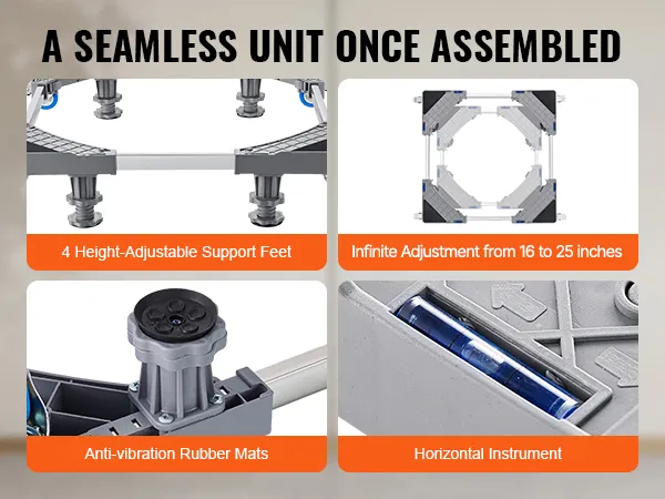 VEVOR mini fridge stand with 4 height-adjustable feet, anti-vibration rubber mats, and infinite adjustment.