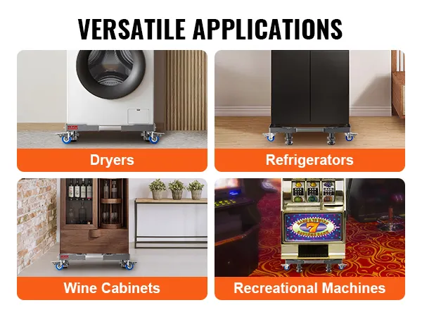 dryer, refrigerator, wine cabinet, and slot machine on VEVOR mini fridge stand showcasing versatility.