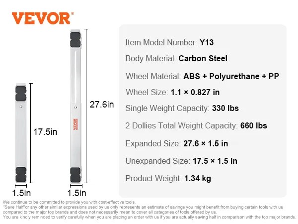 VEVOR appliance rollers with carbon steel body, abs and polyurethane wheels, capacity 660 lbs.