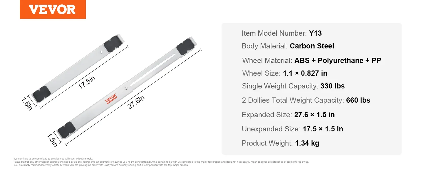 VEVOR appliance rollers with carbon steel body, abs and polyurethane wheels, capacity 660 lbs.