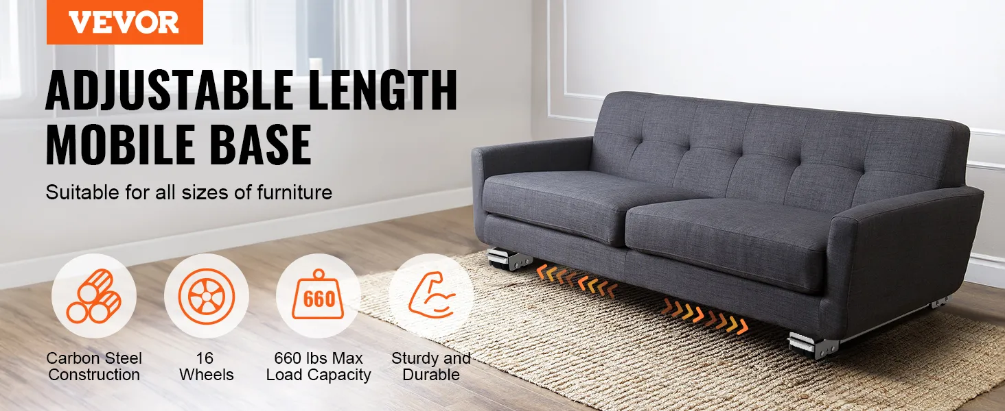 VEVOR appliance rollers, adjustable mobile base supporting sofa, 660 lbs capacity, carbon steel.