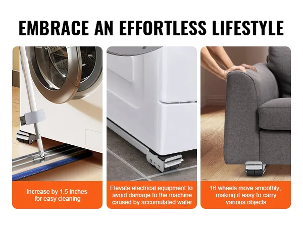 washing machine and couch on VEVOR appliance rollers, emphasizing ease of cleaning and smooth mobility.