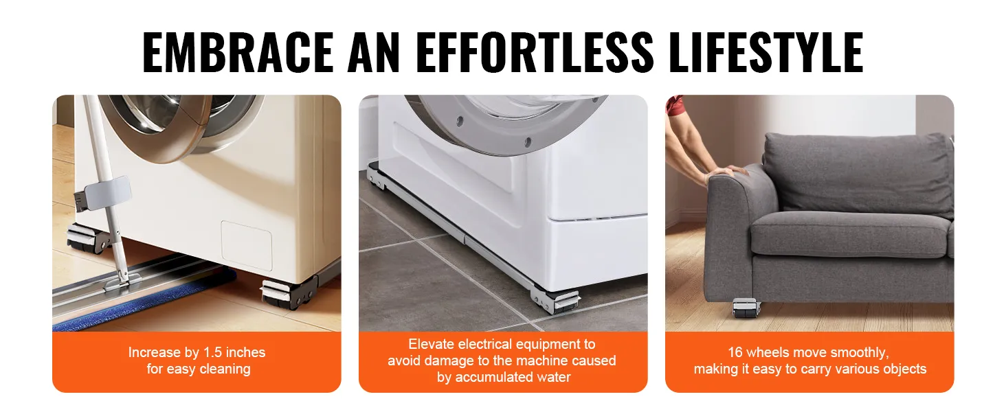 washing machine and couch on VEVOR appliance rollers, emphasizing ease of cleaning and smooth mobility.