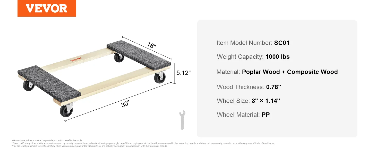 VEVOR furniture dolly dimensions: 30"x18"x5.12", weight capacity 1000 lbs, poplar and composite wood.