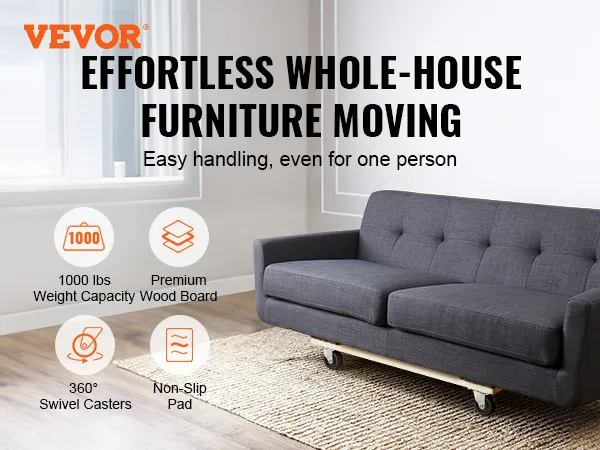 VEVOR furniture dolly: 1000lbs weight capacity, premium wood board, 360° swivel wheels, non-slip pad.