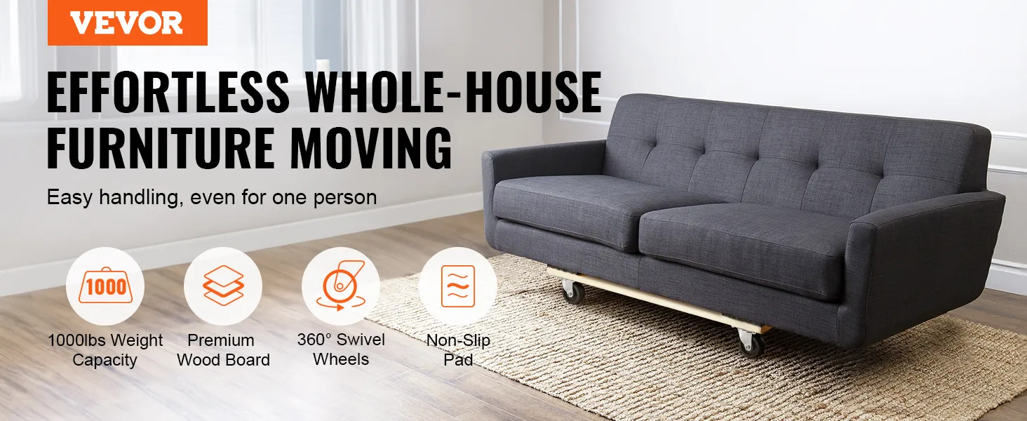 VEVOR furniture dolly: 1000lbs weight capacity, premium wood board, 360° swivel wheels, non-slip pad.