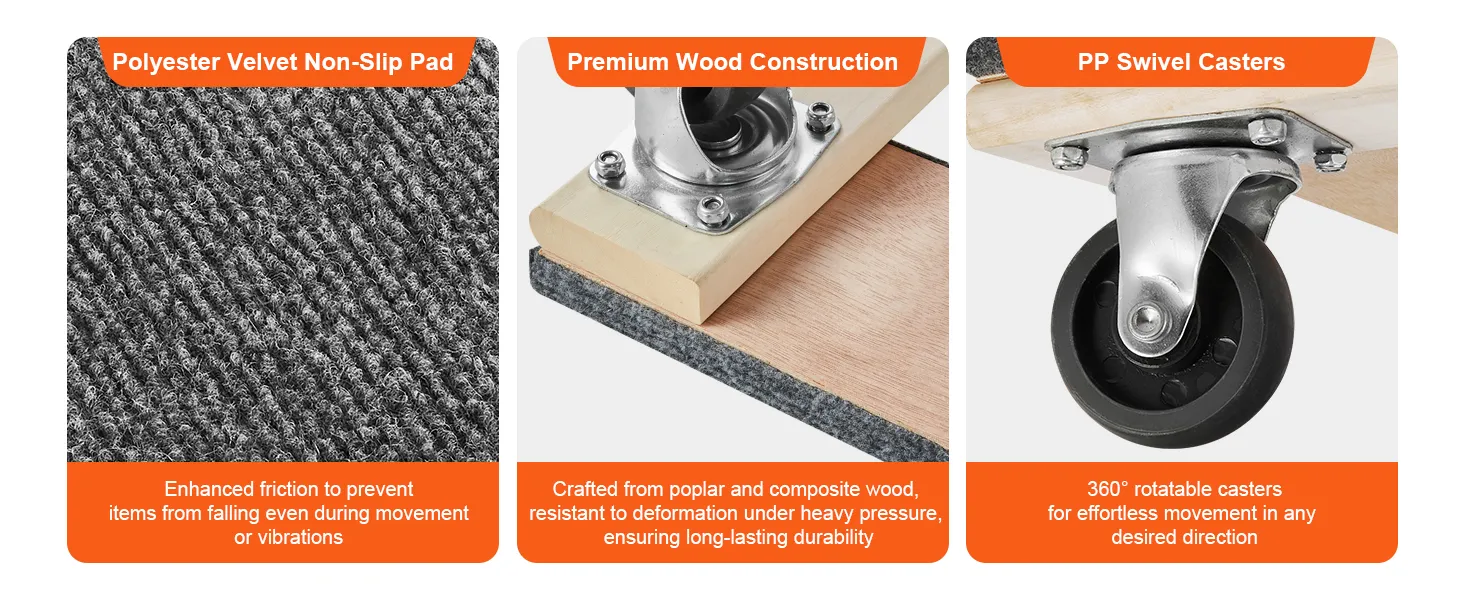 polyester velvet non-slip pad, premium wood construction, and pp swivel casters on VEVOR furniture dolly.