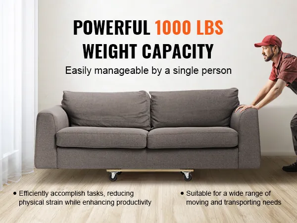 person pushing a sofa on a VEVOR furniture dolly capable of handling up to 1000 lbs weight capacity.