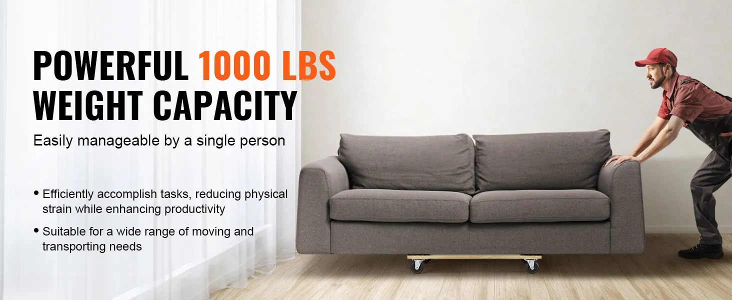 person pushing a sofa on a VEVOR furniture dolly capable of handling up to 1000 lbs weight capacity.