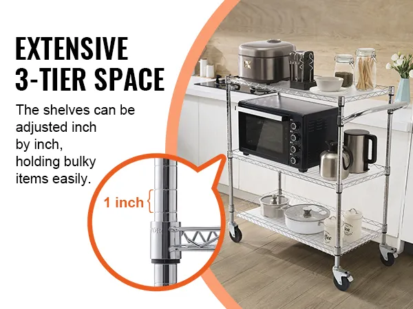 VEVOR 3-tier utility cart in a kitchen holding various items, adjustable shelves, and sturdy design.