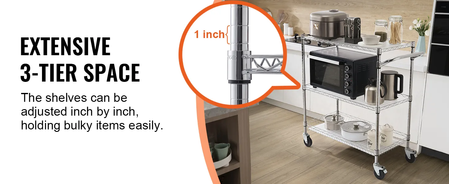 VEVOR 3-tier utility cart in a kitchen holding various items, adjustable shelves, and sturdy design.