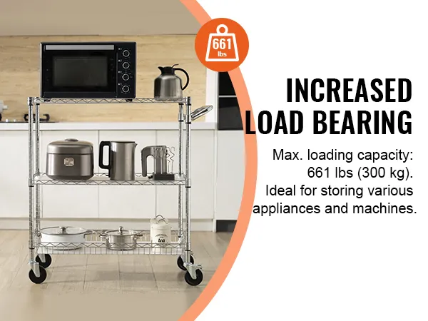 VEVOR 3-tier utility cart in kitchen holding microwave, kettle, rice cooker, and kitchenware. load capacity: 661 lbs.