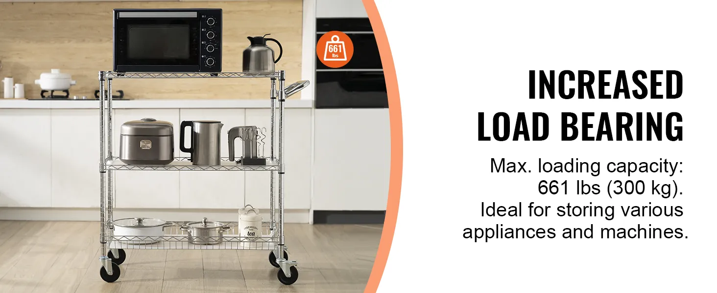 VEVOR 3-tier utility cart in kitchen holding microwave, kettle, rice cooker, and kitchenware. load capacity: 661 lbs.