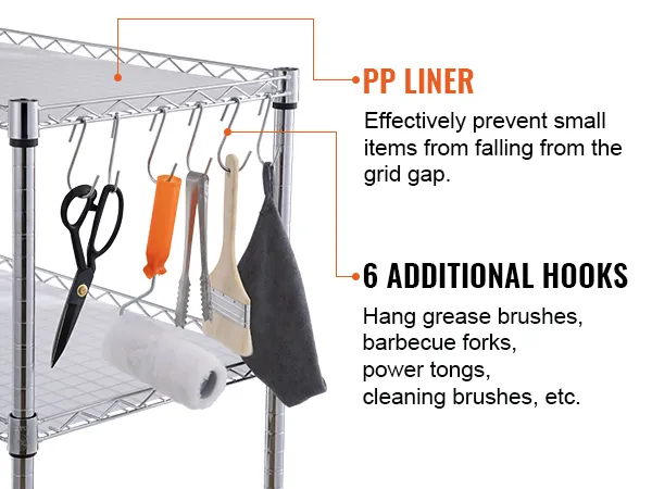 VEVOR 3-tier utility cart with pp liner, 6 additional hooks for tools like scissors and barbecue forks.