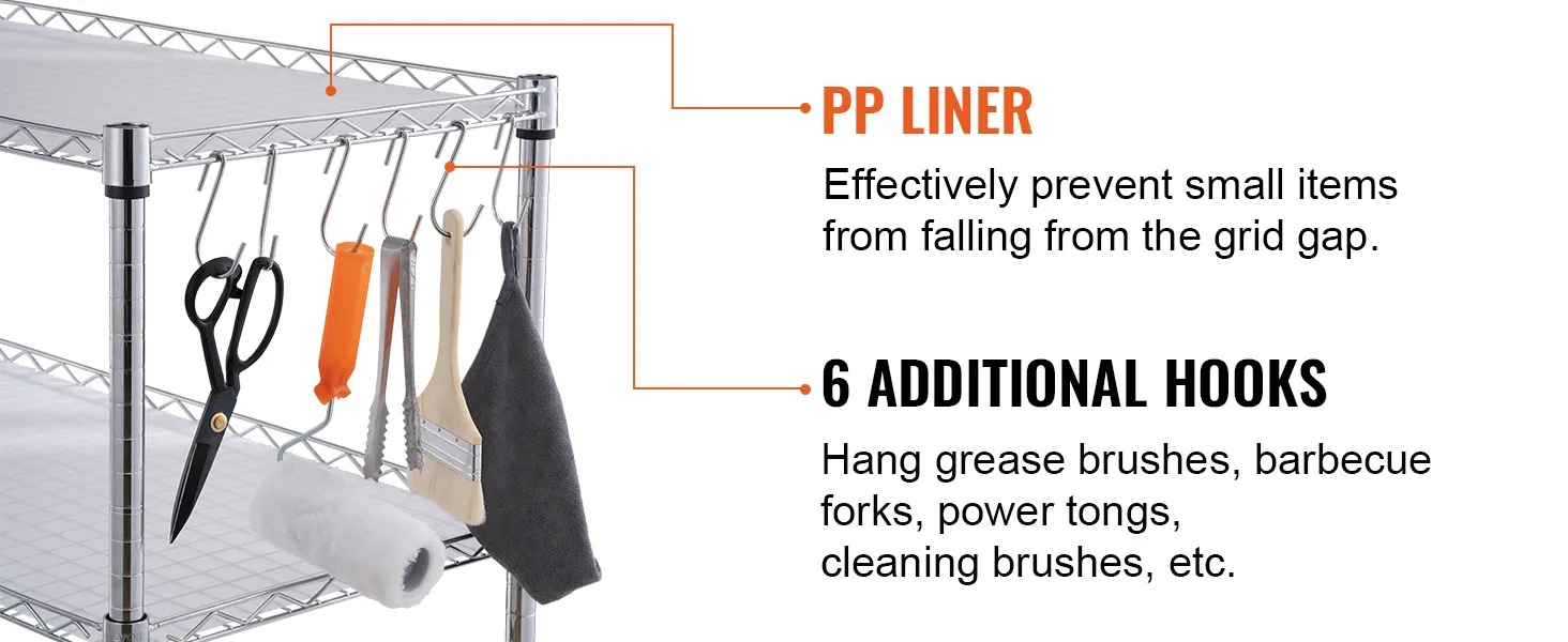 VEVOR 3-tier utility cart with pp liner, 6 additional hooks for tools like scissors and barbecue forks.