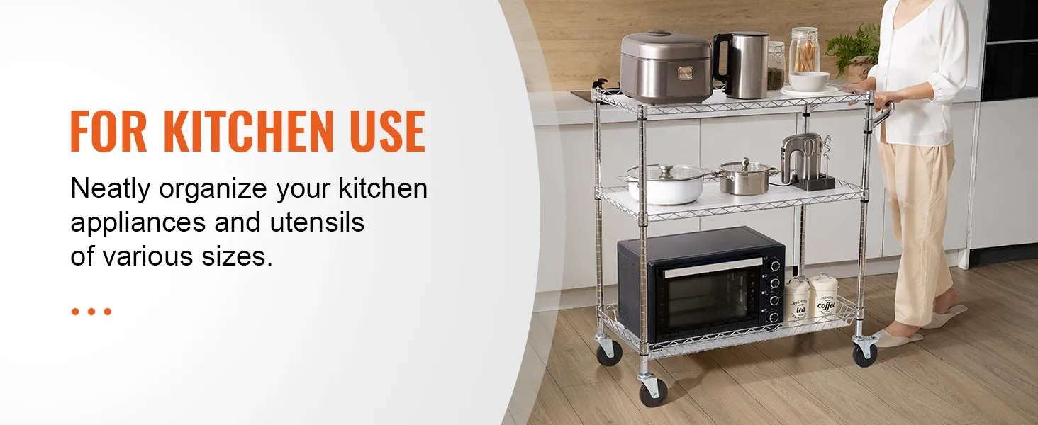 VEVOR 3-tier utility cart in kitchen with appliances and utensils, neatly organized on shelves.