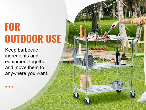 VEVOR 3-tier utility cart outdoors with barbecue ingredients and equipment on a grassy lawn.