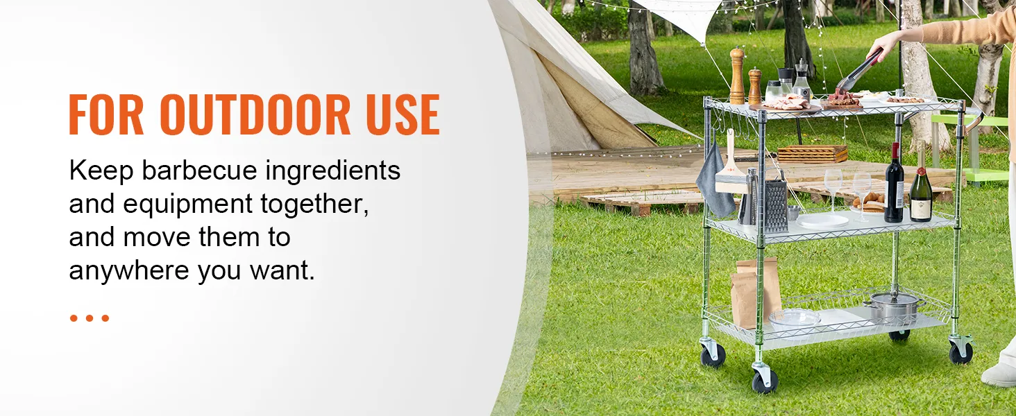 VEVOR 3-tier utility cart outdoors with barbecue ingredients and equipment on a grassy lawn.